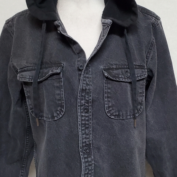 VINTAGE 80s Black Denim Contrast Hood Long Sleeve Button Up Grunge Jacket Medium - Picture 6 of 12